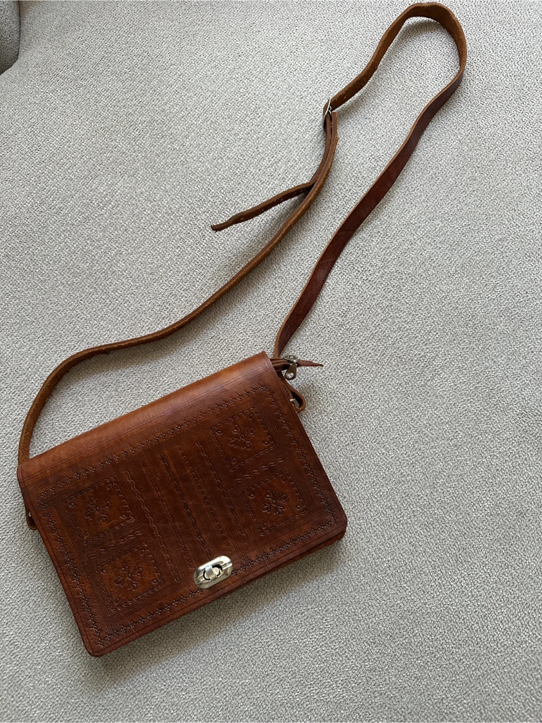 Brown Leather Satchel with Embossed Design