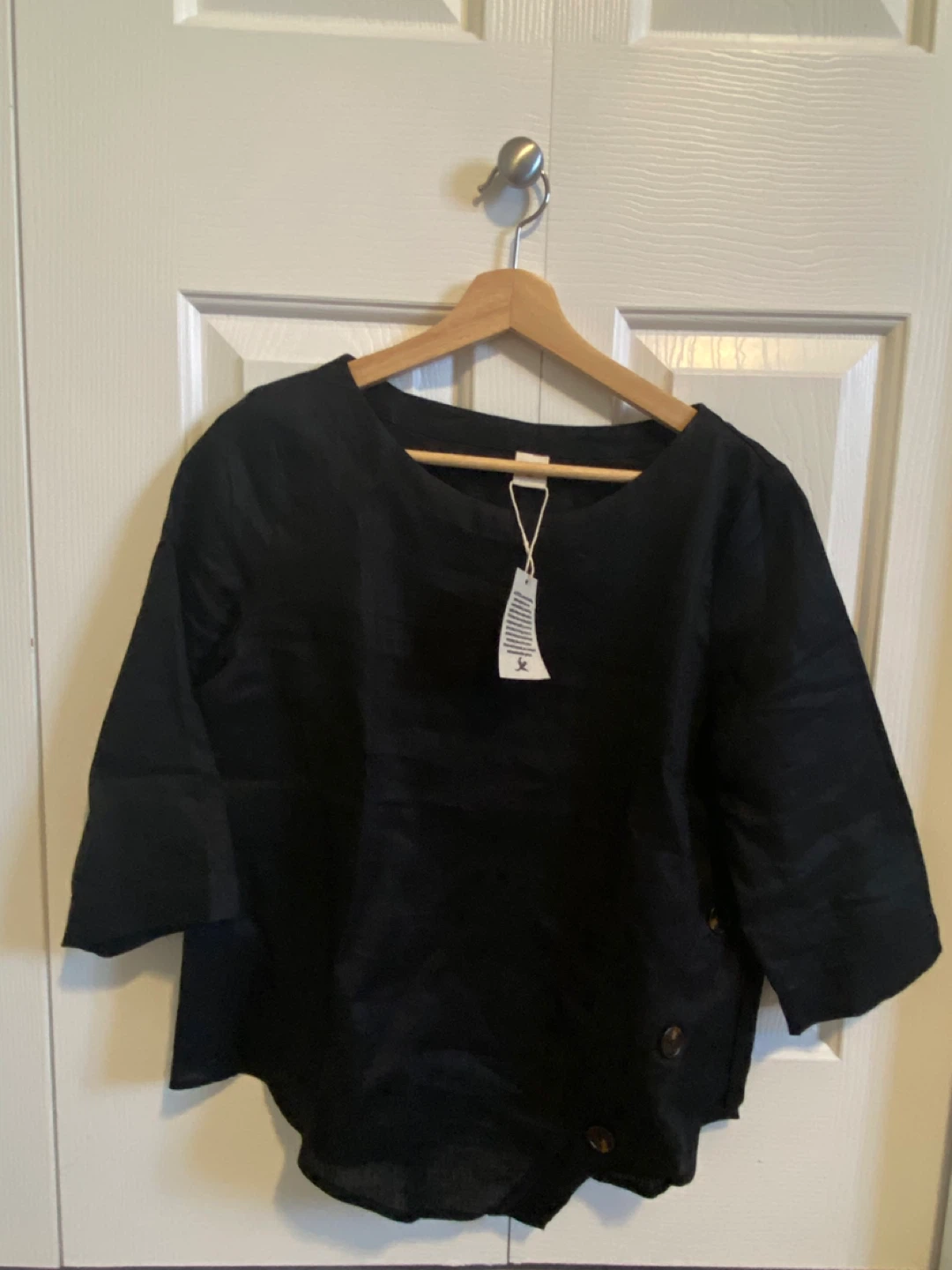 Black Linen Blend Button Detail Top size small