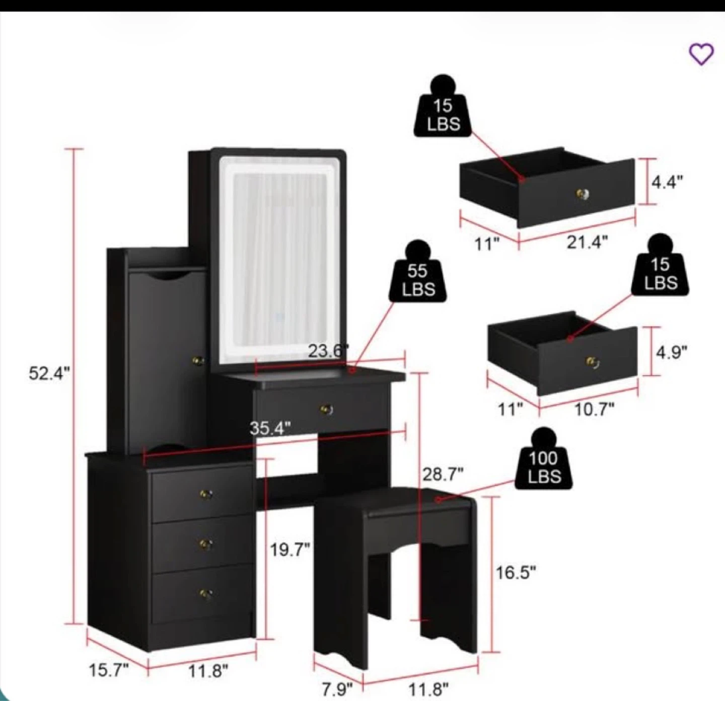 Wade Logan Camic Vanity – with LED Mirror and Stool - photo 4