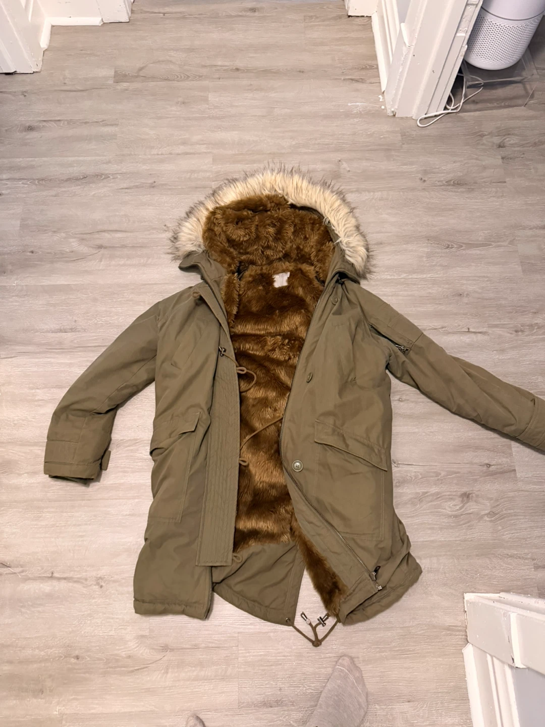 Olive Green Parka Jacket with Fur Hood