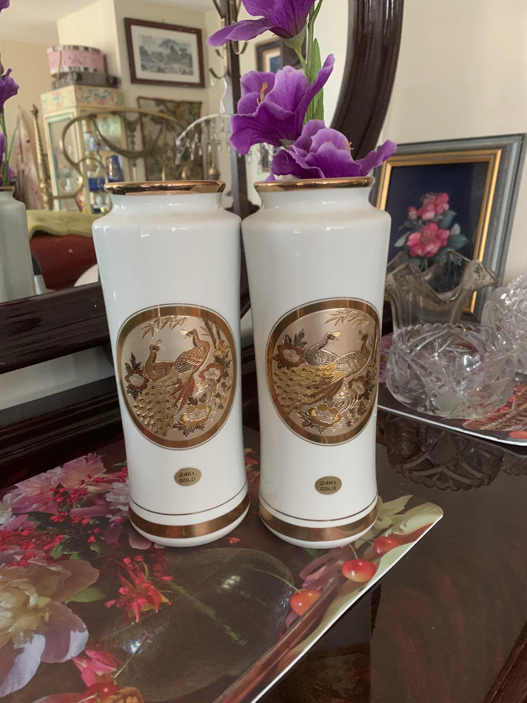 Set of 2 White Ceramic Vases with 24kt Gold Peacock Design