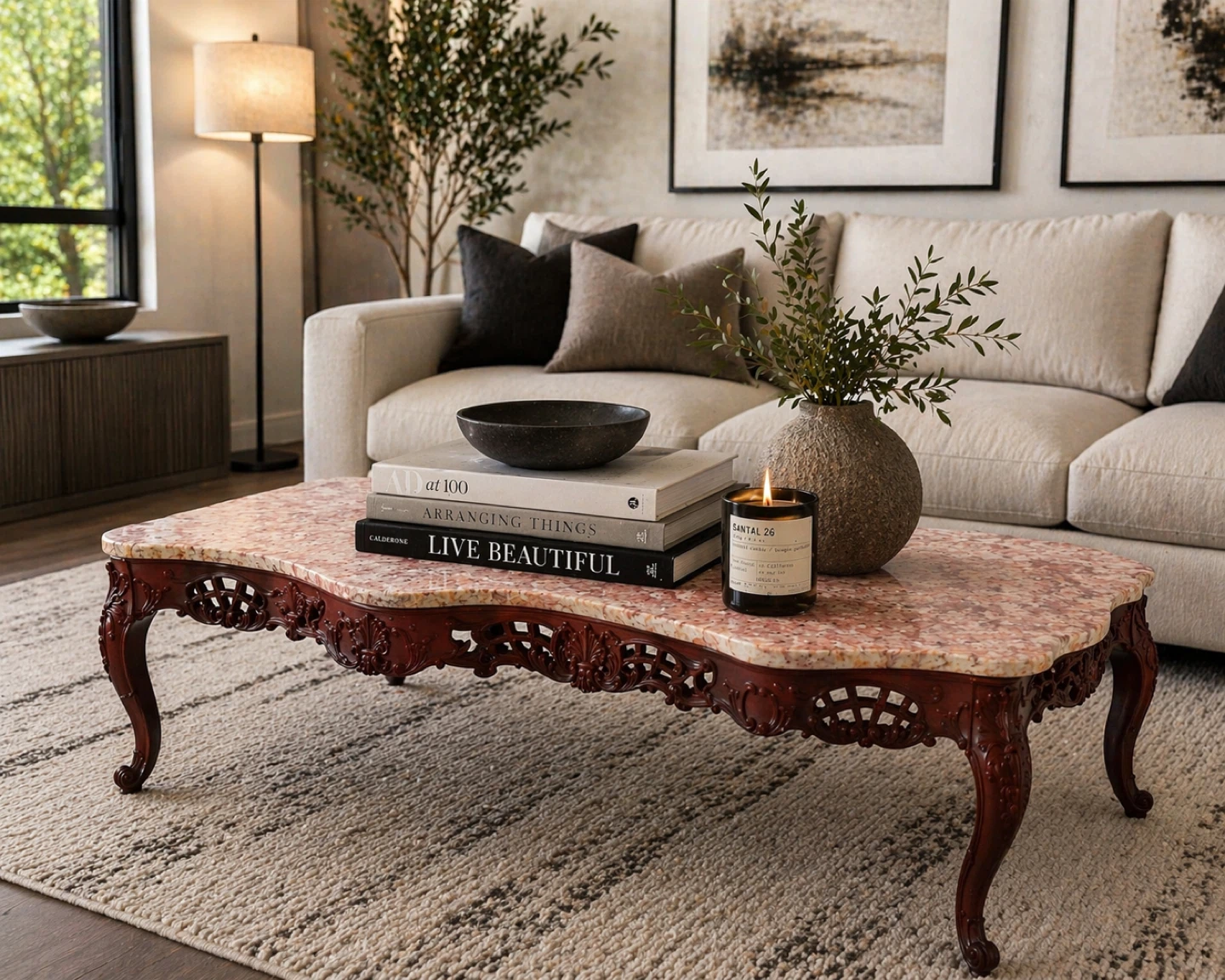 Vintage French Style Carved 1940's Coffee Table, Rose Marble