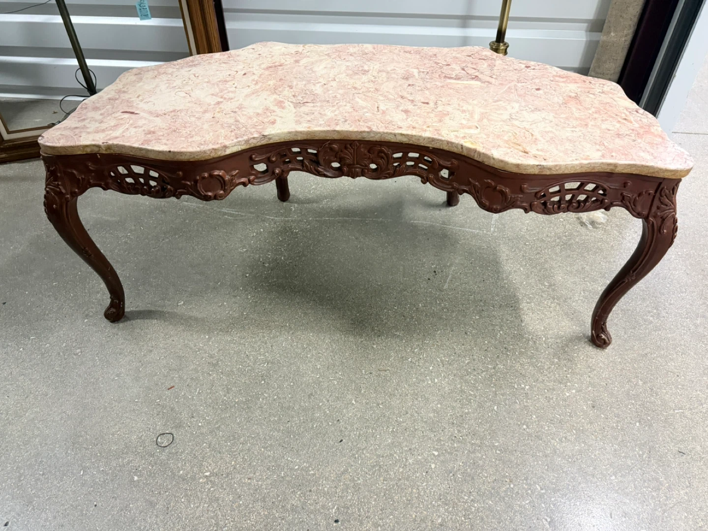 Vintage French Style Carved 1940's Coffee Table, Rose Marble - photo 3