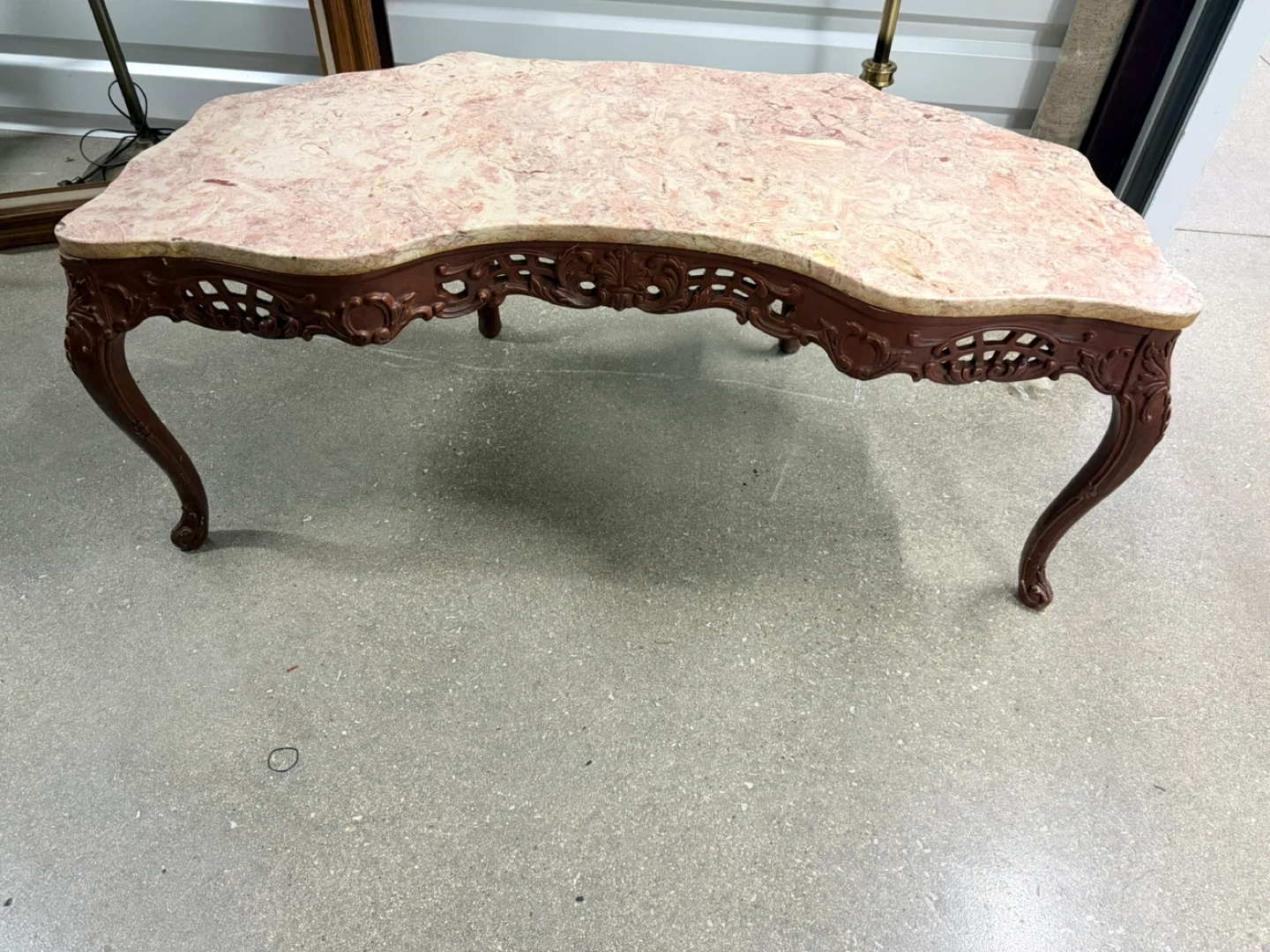 Vintage French Style Carved 1940's Coffee Table, Rose Marble - photo 4
