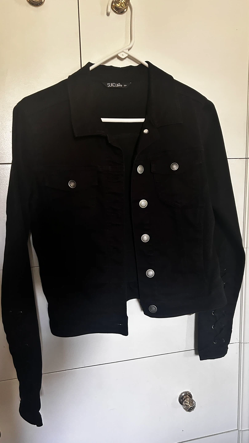 SUKO Jeans Black Denim Jacket with Lace-Up Detail Size S/P