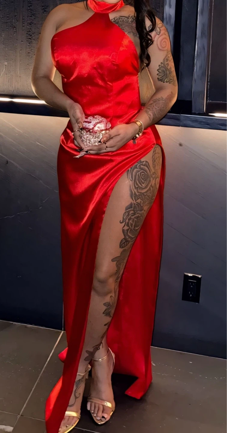 Red Satin Halter Neck Maxi Dress with Slits