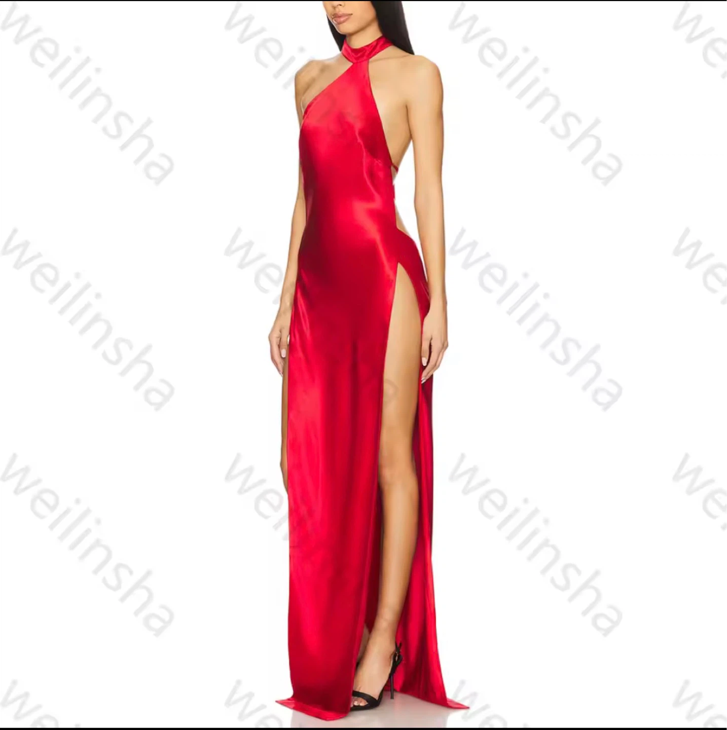 Red Satin Halter Neck Maxi Dress with Slits - photo 2