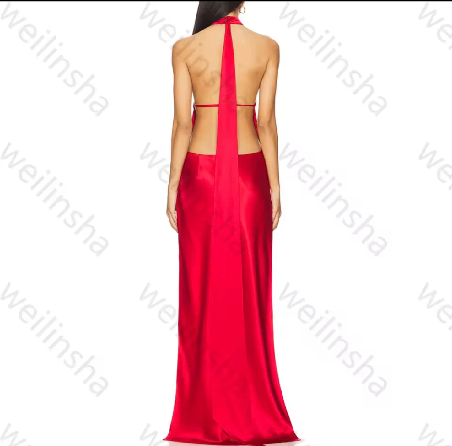 Red Satin Halter Neck Maxi Dress with Slits - photo 3