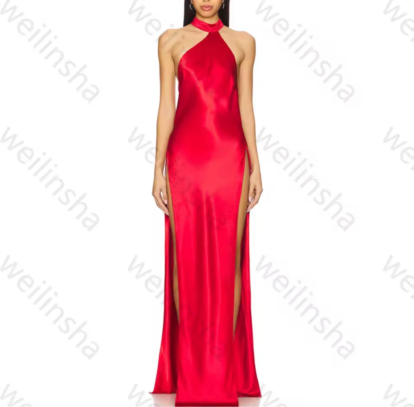 Red Satin Halter Neck Maxi Dress with Slits - photo 4