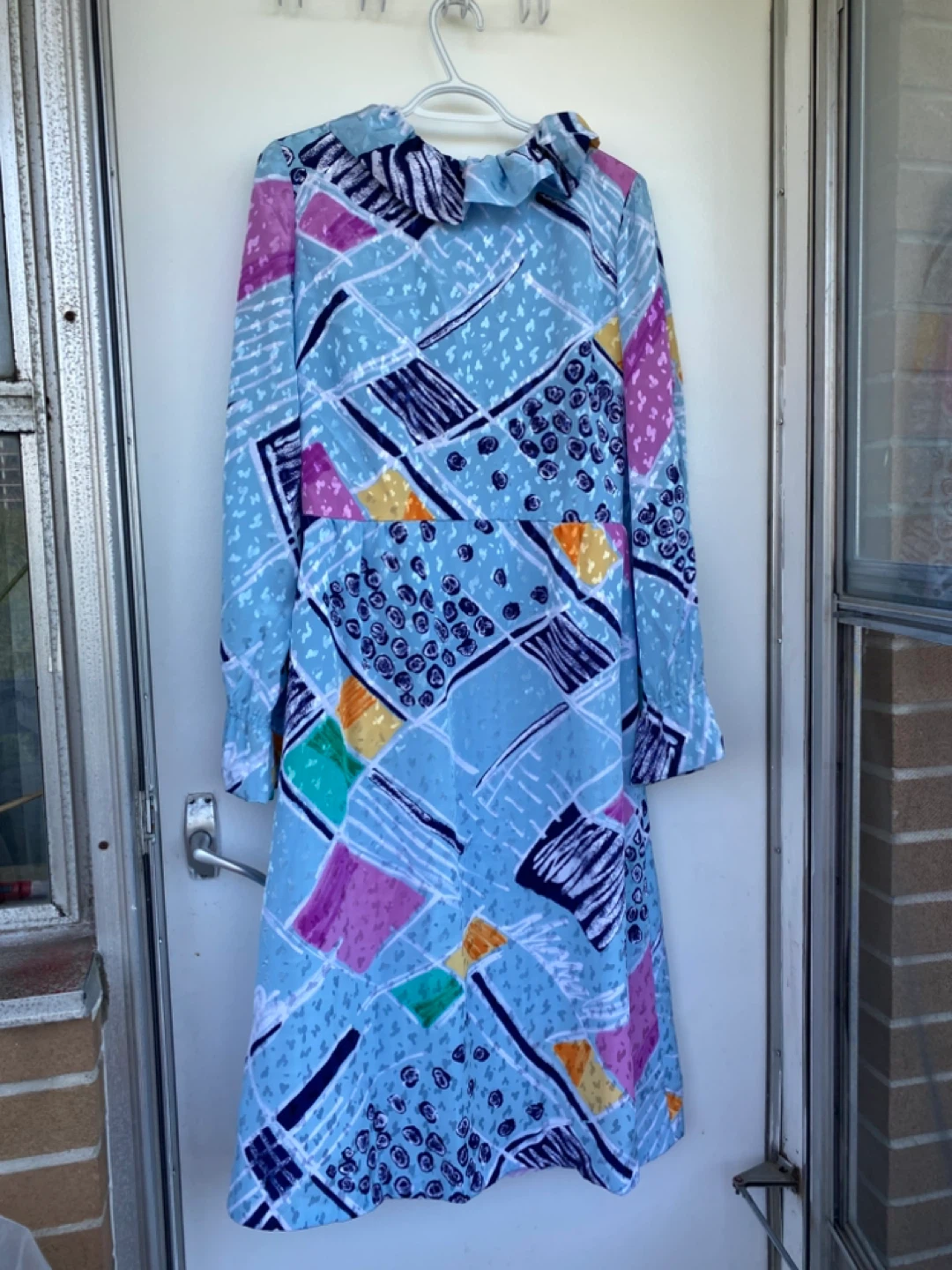 Vintage Blue Abstract Print Long Sleeve Dress
