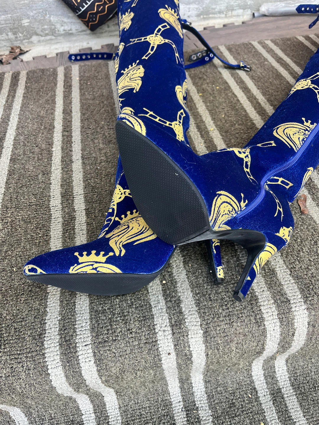 Blue Velvet Over-the-Knee Boots with Gold Lion Print - photo 3