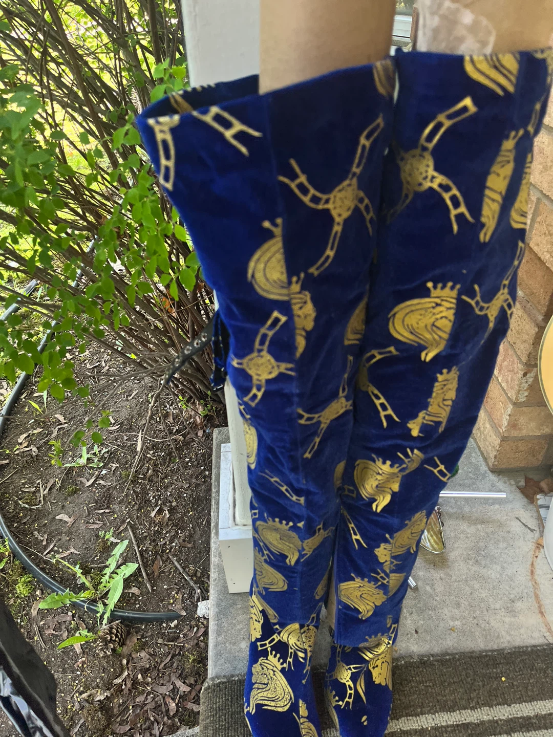Blue Velvet Over-the-Knee Boots with Gold Lion Print - photo 5