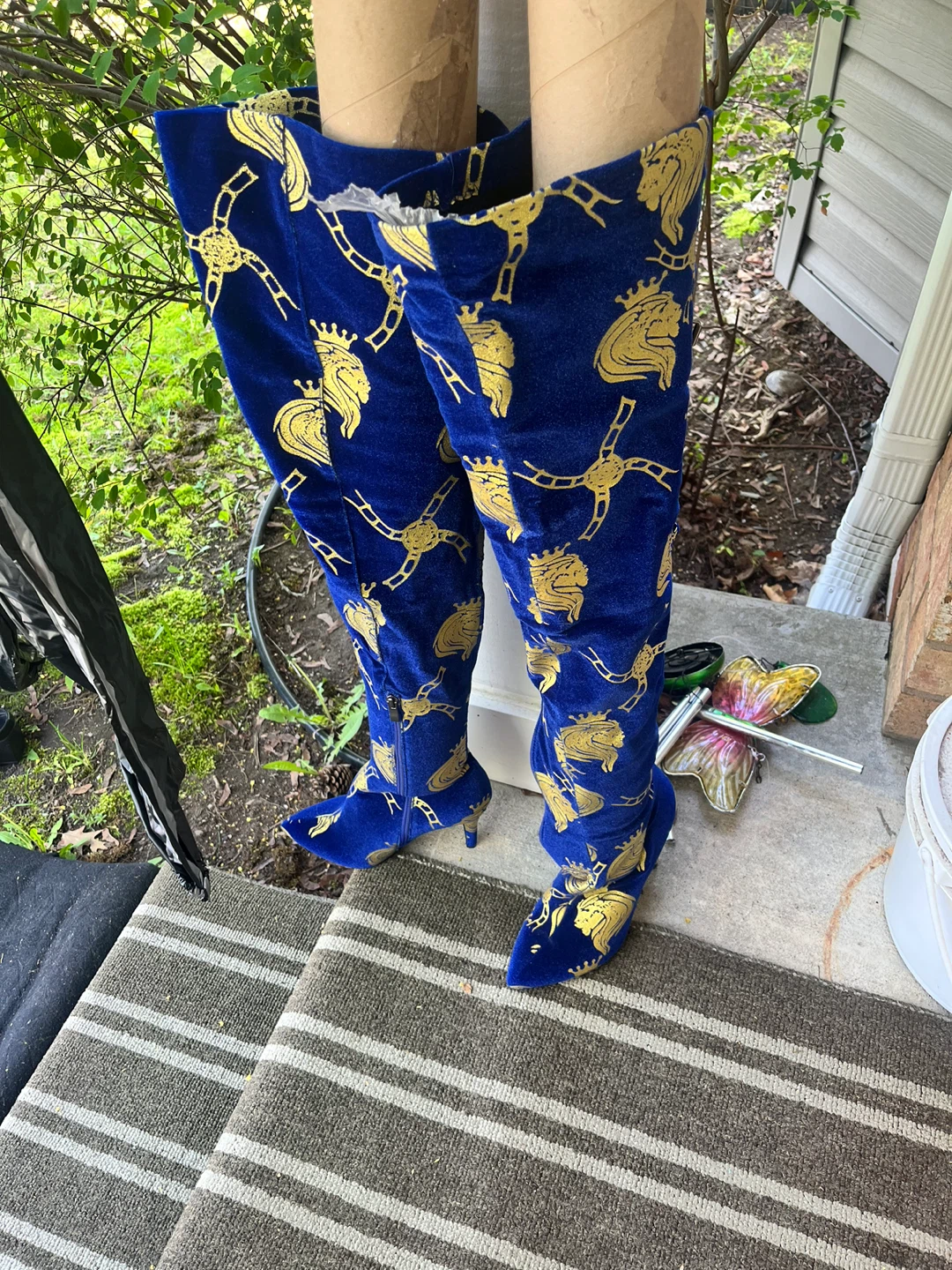 Blue Velvet Over-the-Knee Boots with Gold Lion Print - photo 2