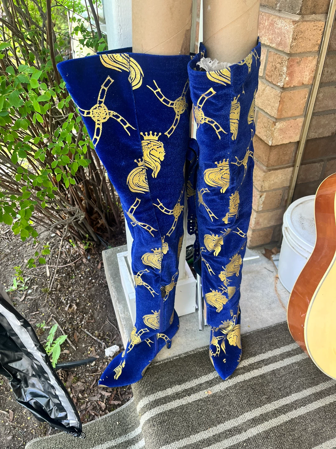 Blue Velvet Over-the-Knee Boots with Gold Lion Print