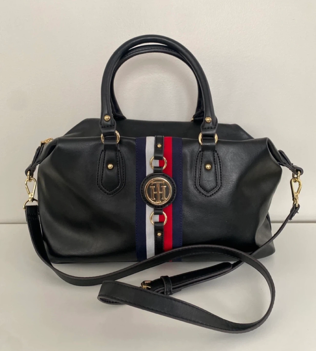 Tommy Hilfiger Black Satchel Handbag with Stripe Detail