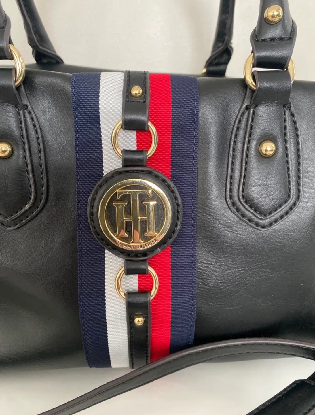 Tommy Hilfiger Black Satchel Handbag with Stripe Detail - photo 2