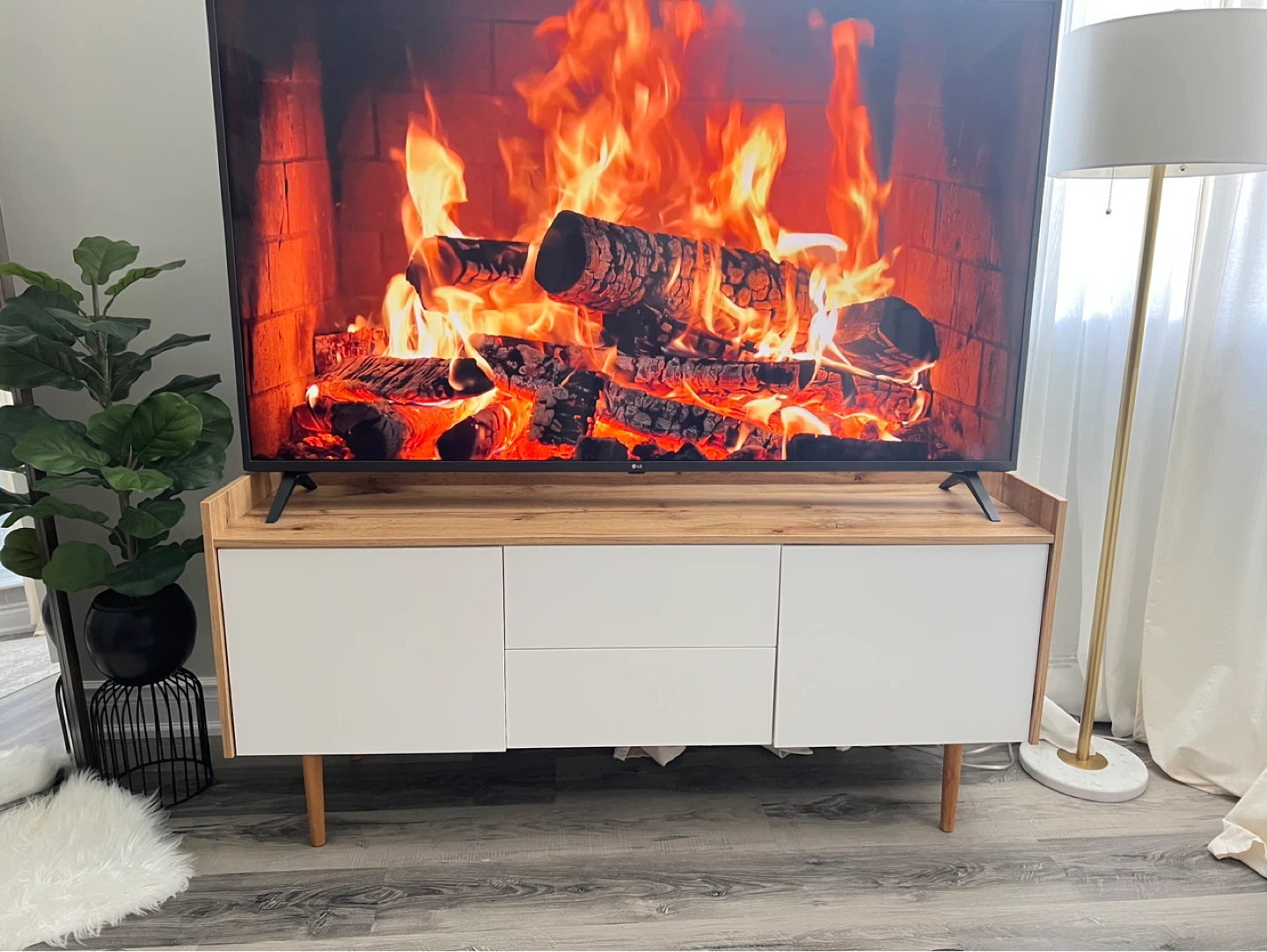 Modern White and Wood TV Stand with Storage