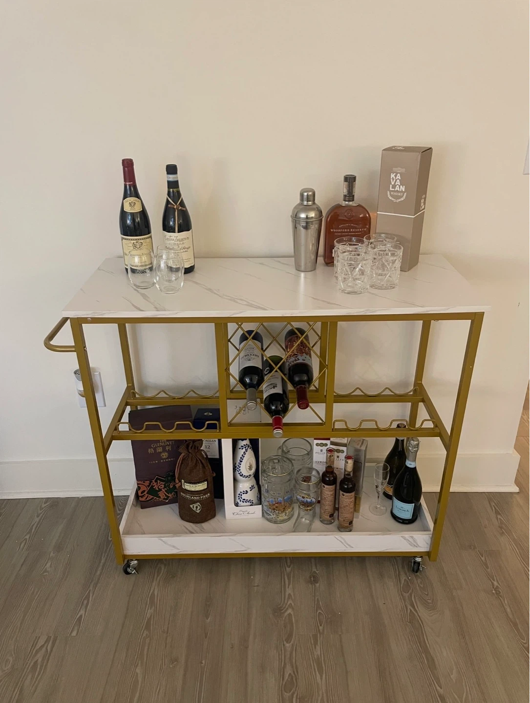 Marble Top Gold Bar Cart with Wine Rack
