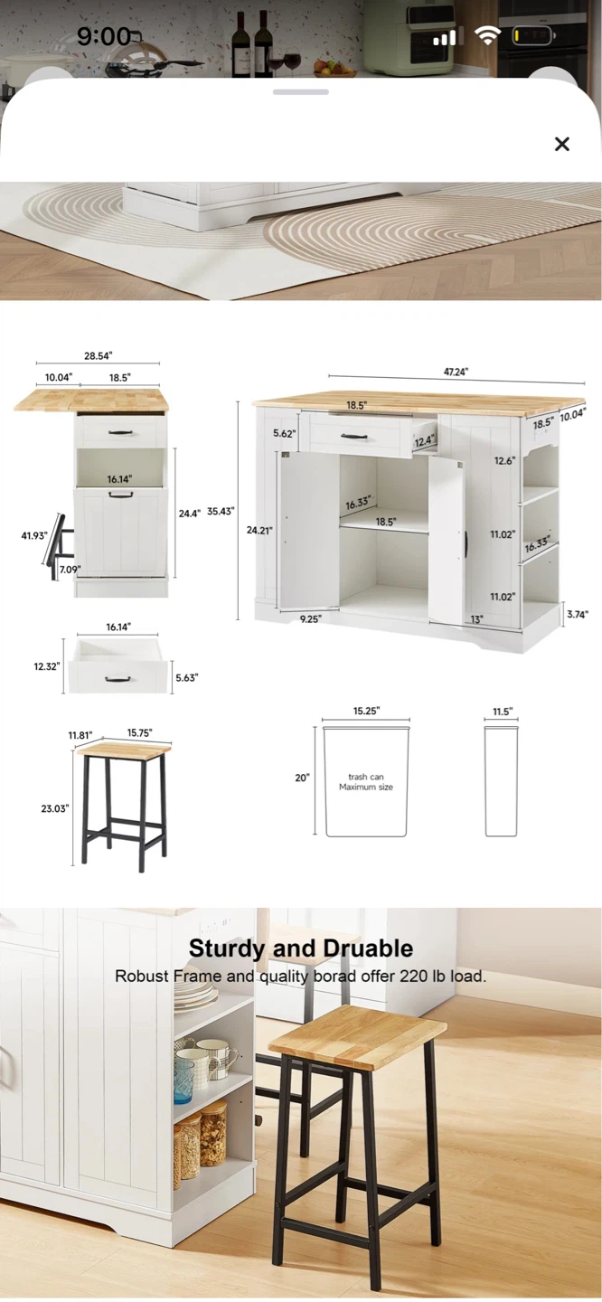 White Kitchen Island with Drop Leaf and Stools - photo 5