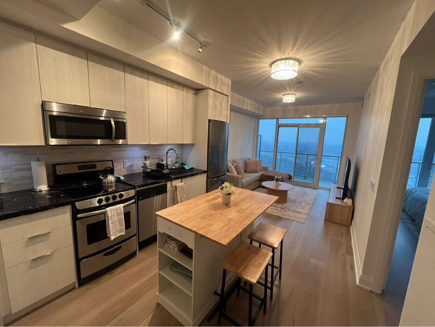 White Kitchen Island with Drop Leaf and Stools