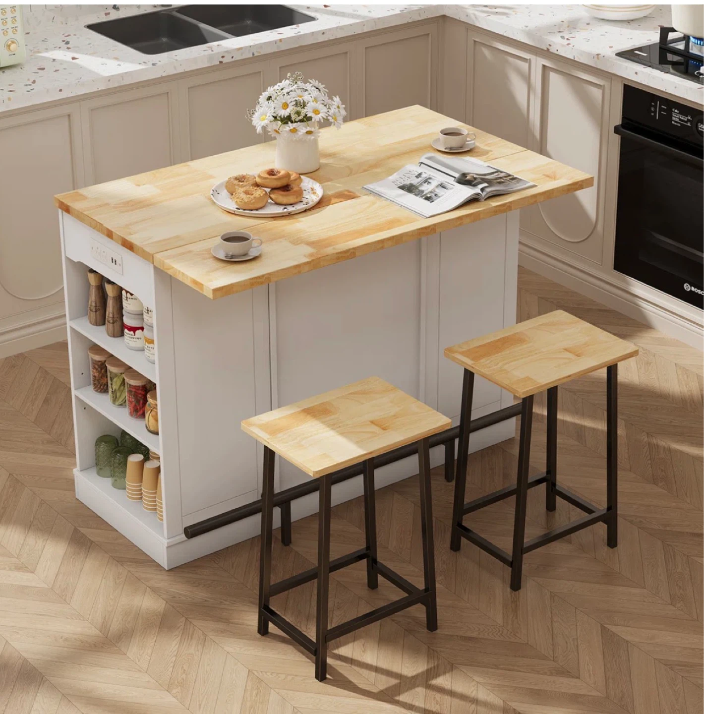 White Kitchen Island with Drop Leaf and Stools - photo 2