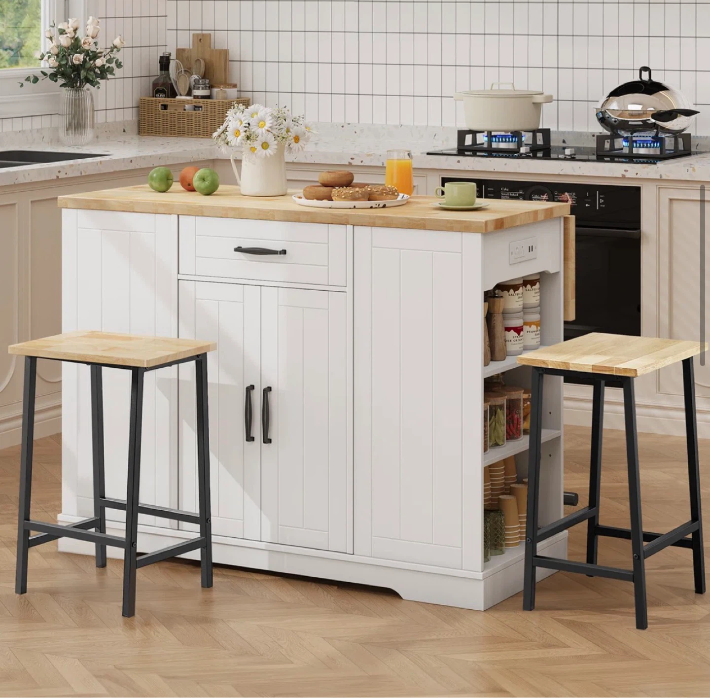 White Kitchen Island with Drop Leaf and Stools - photo 3