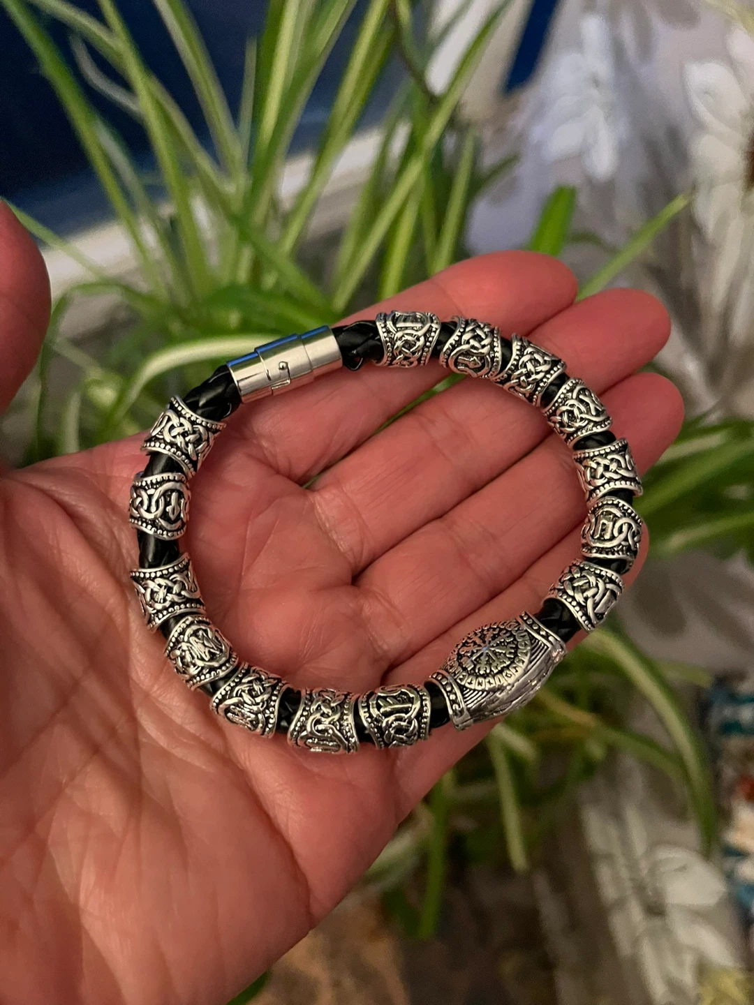 Viking Style Braided Leather & Silver Tone Bracelet