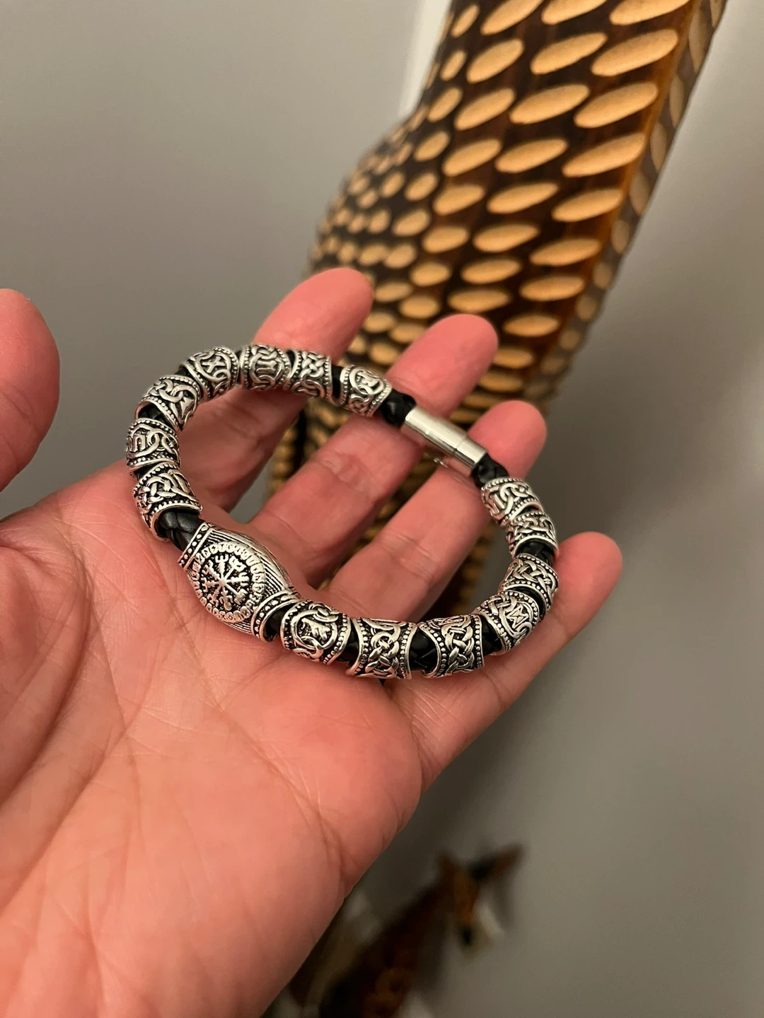 Viking Style Braided Leather & Silver Tone Bracelet - photo 4