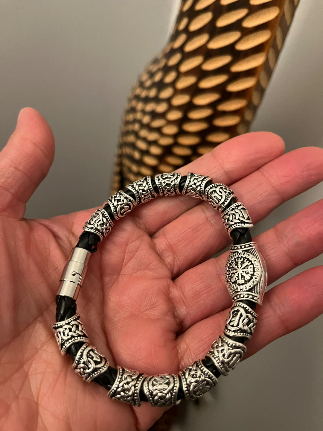 Viking Style Braided Leather & Silver Tone Bracelet - photo 2