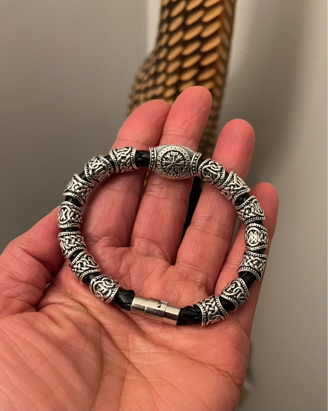 Viking Style Braided Leather & Silver Tone Bracelet - photo 3