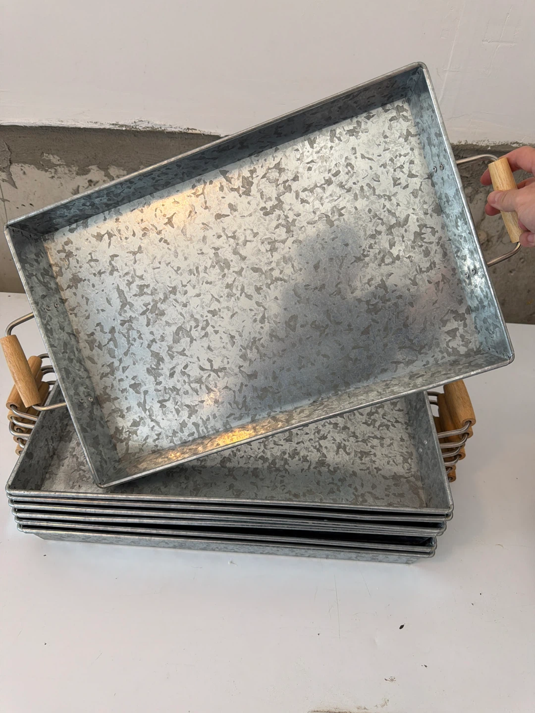 Galvanized Metal Trays with Wood Handles - Set of 7 - photo 2