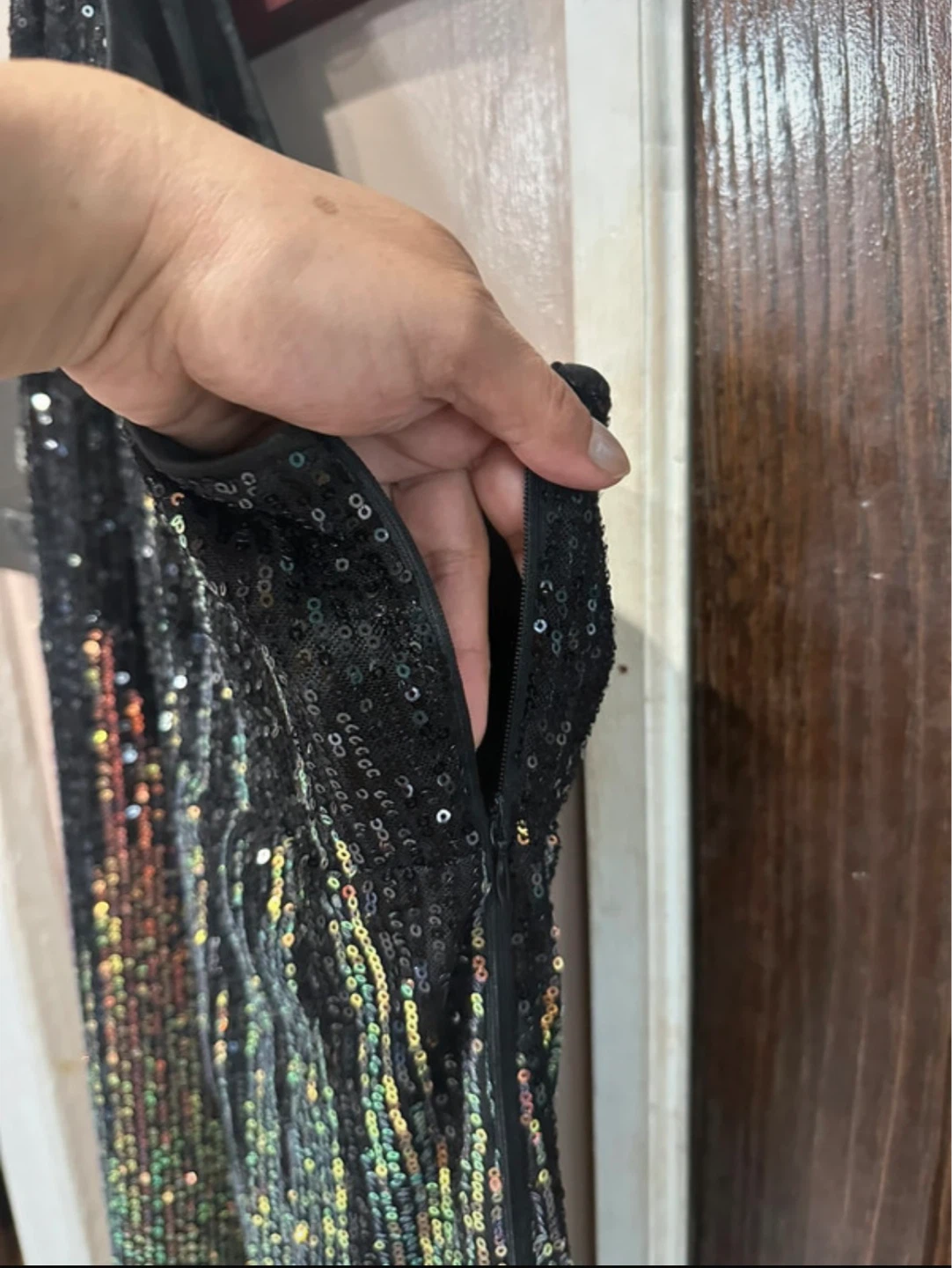 One-Shoulder Sequin Ombre Midi Dress in Black and Rose Gold - photo 4