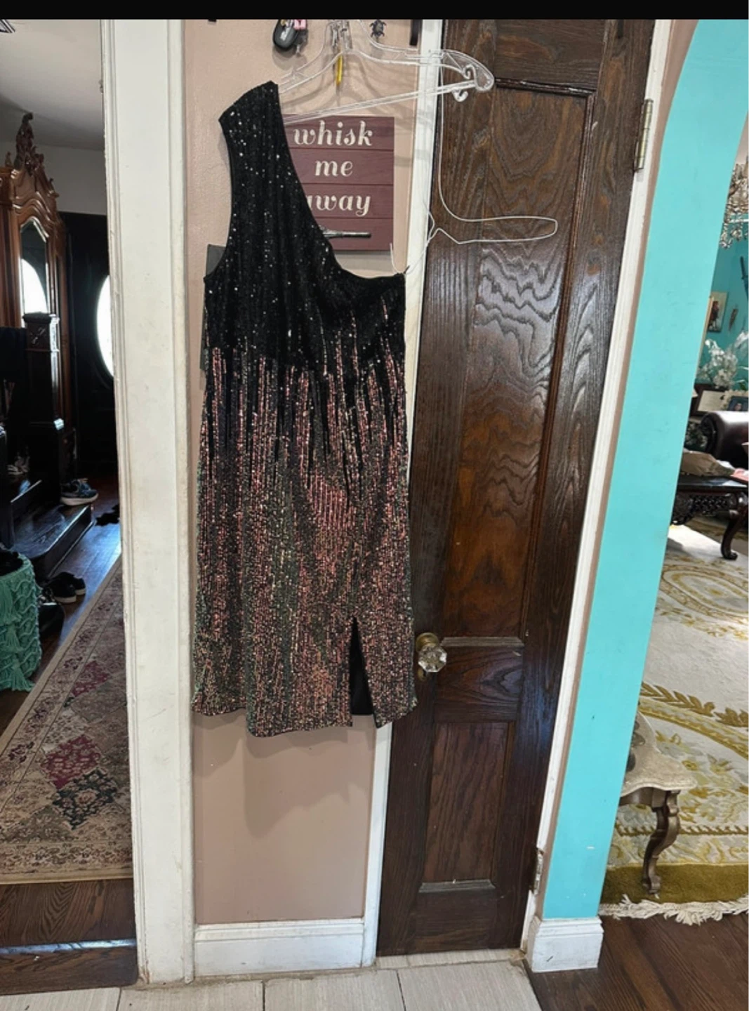 One-Shoulder Sequin Ombre Midi Dress in Black and Rose Gold