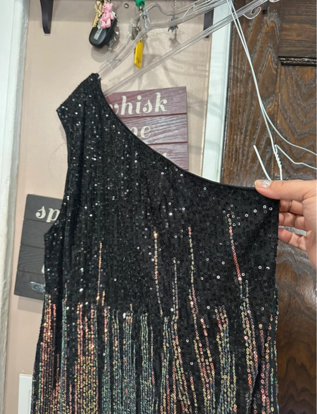 One-Shoulder Sequin Ombre Midi Dress in Black and Rose Gold - photo 3
