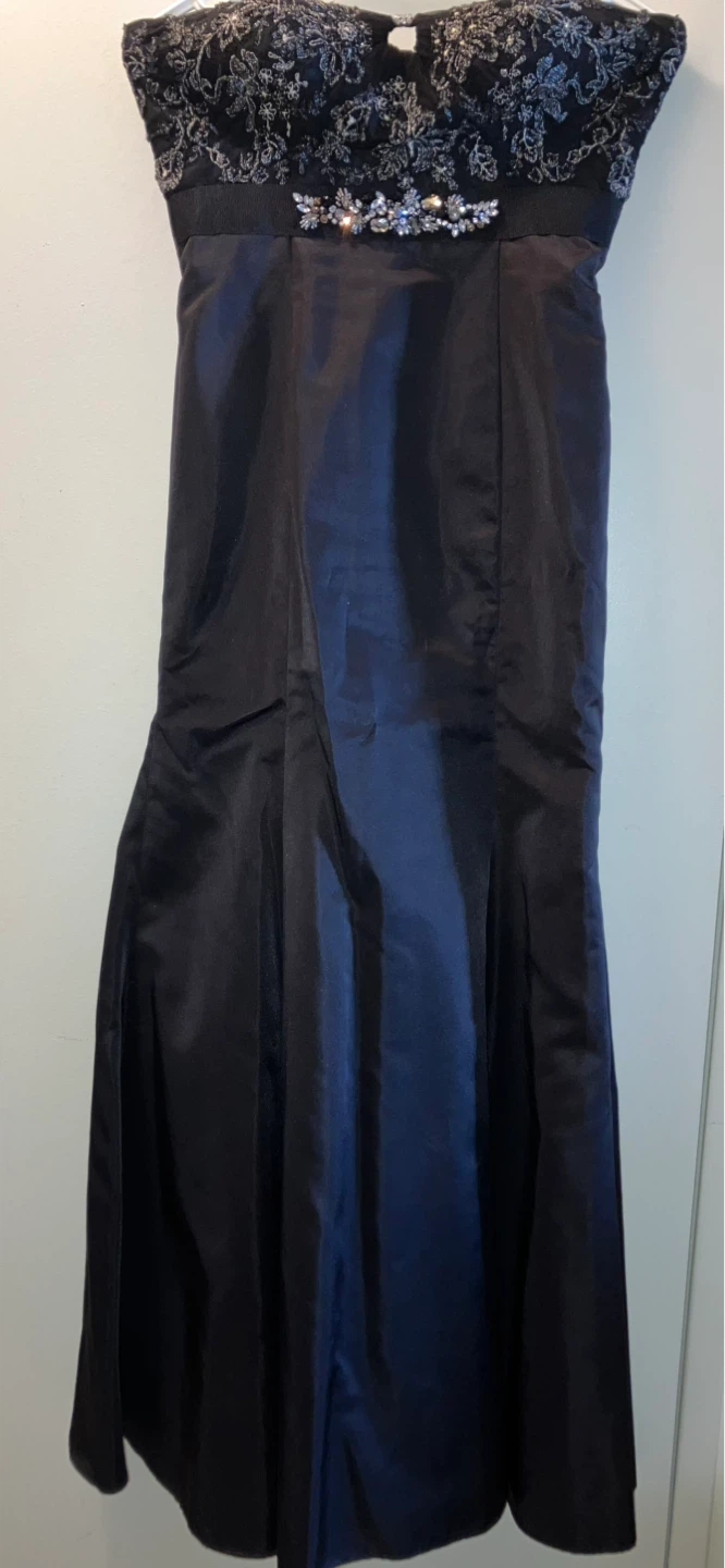 Strapless Beaded Bodice Navy Evening Gown