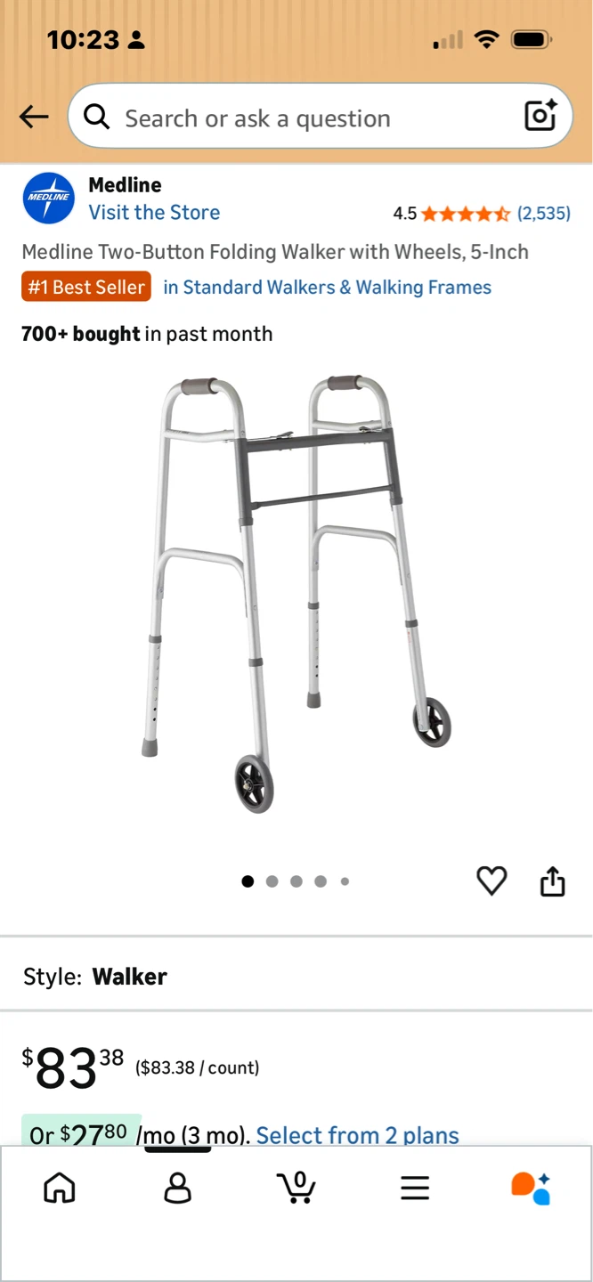 Medline Two-Button Folding Walker with Wheels, 5-Inch