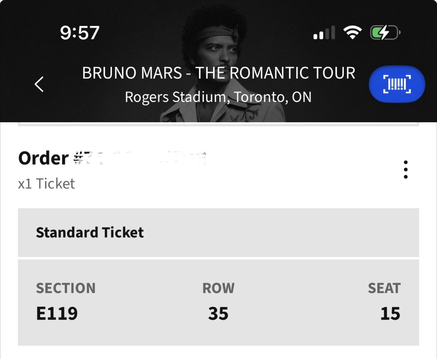 Bruno Mars Ticket (single)- Toronto for May 28