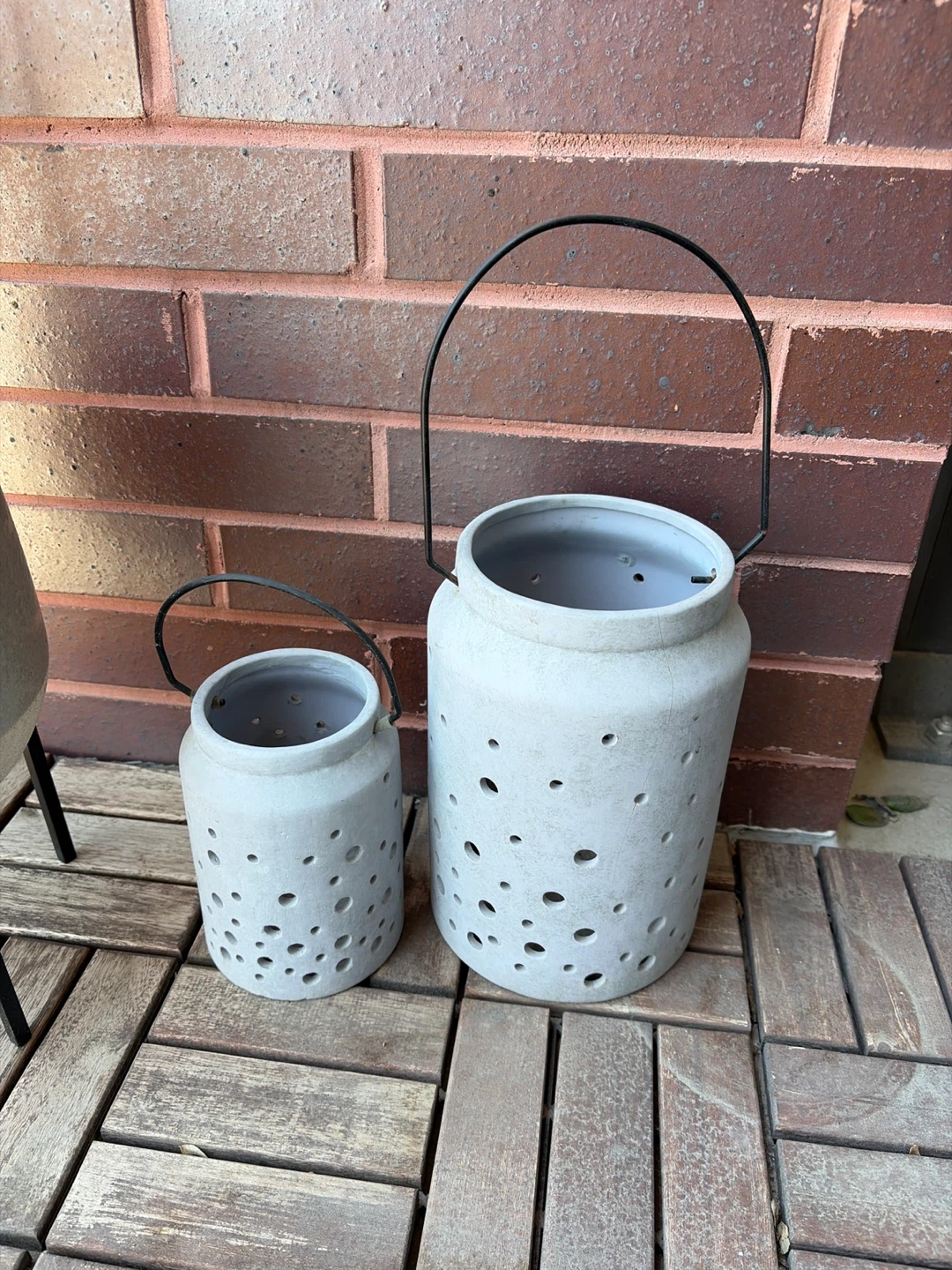 Set of 2 Grey Lanterns with Metal Handles