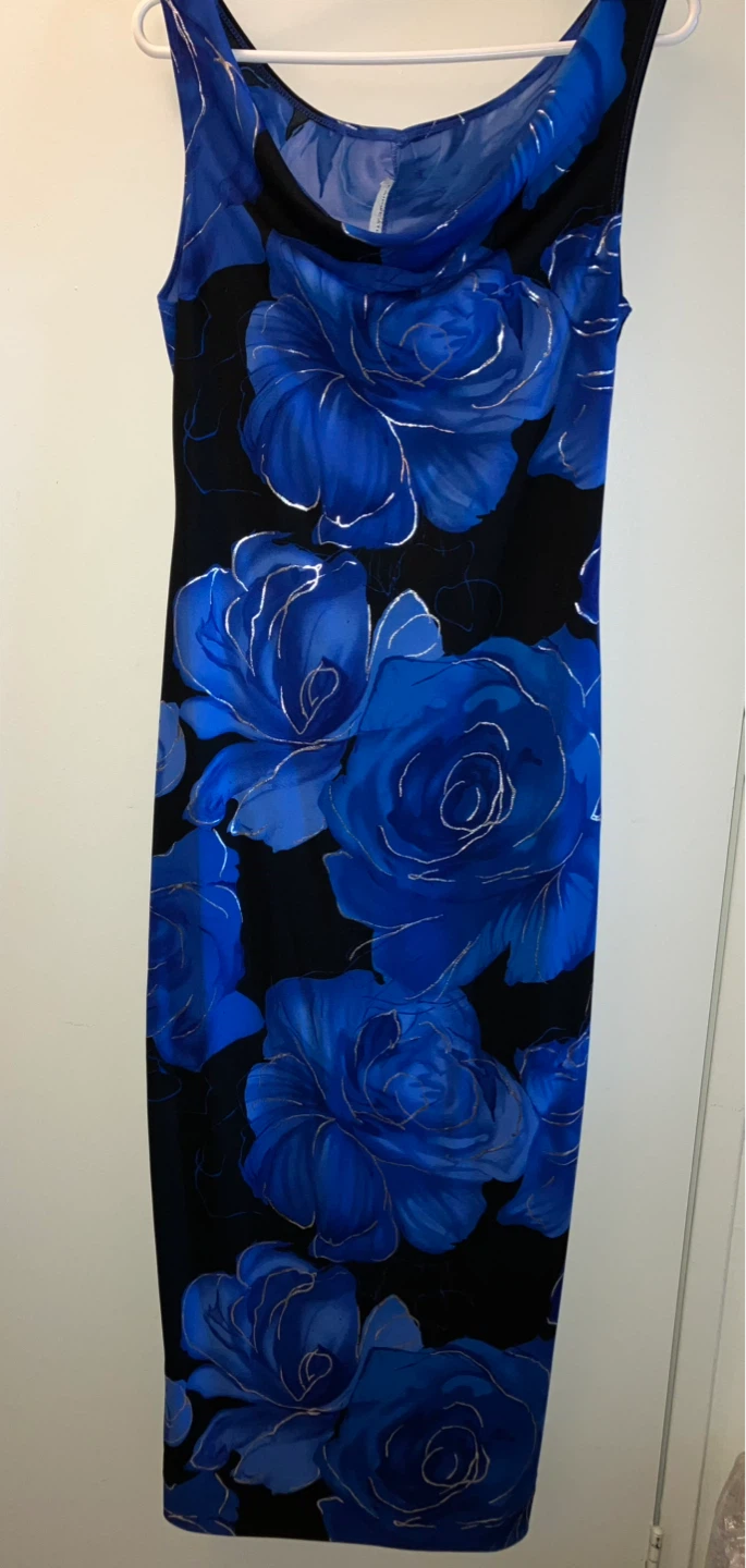 AIRWEATHER Blue Rose Print Maxi Dress