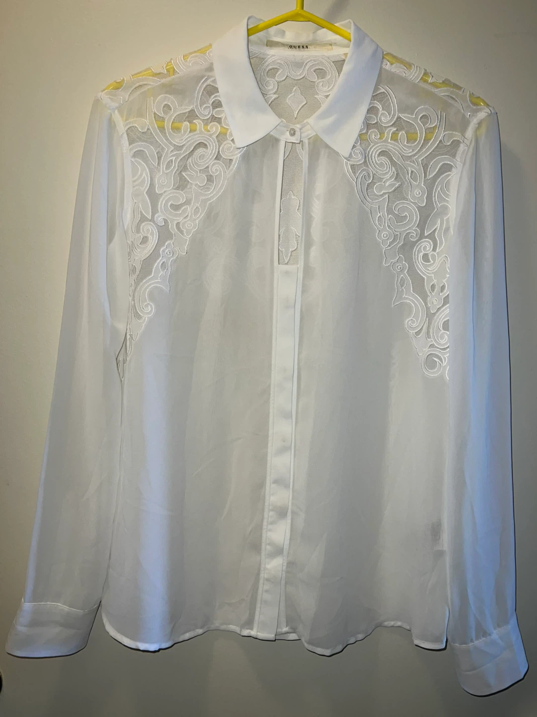 White GUESS Sheer Lace Button-Up Shirt