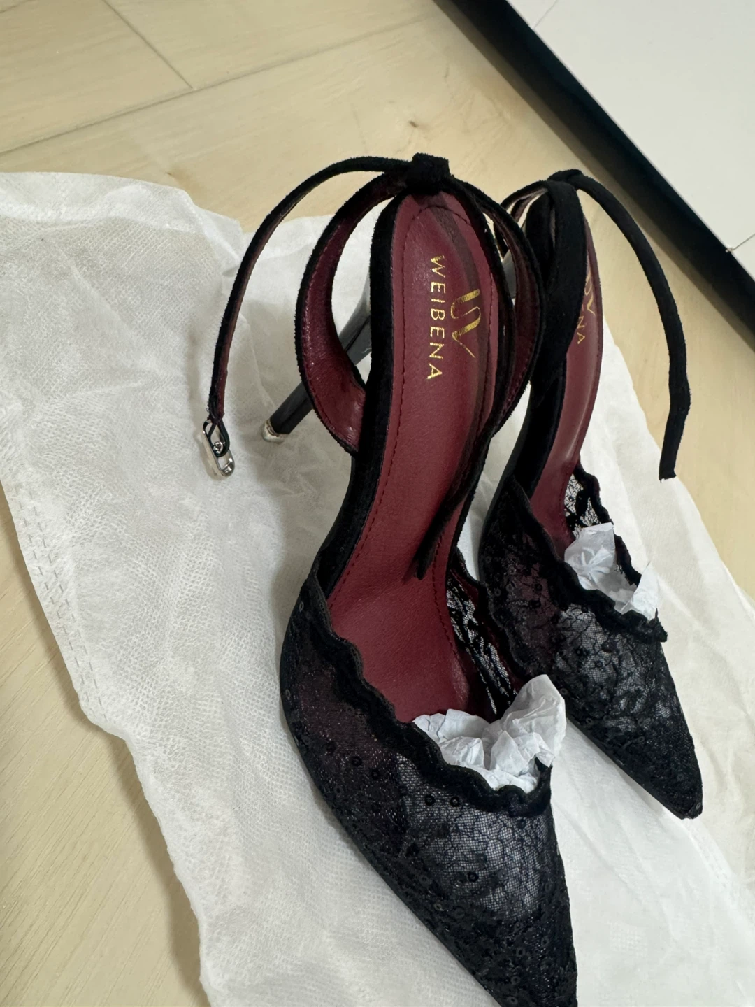 WEIBENA Black Lace Slingback Heels - Size 38