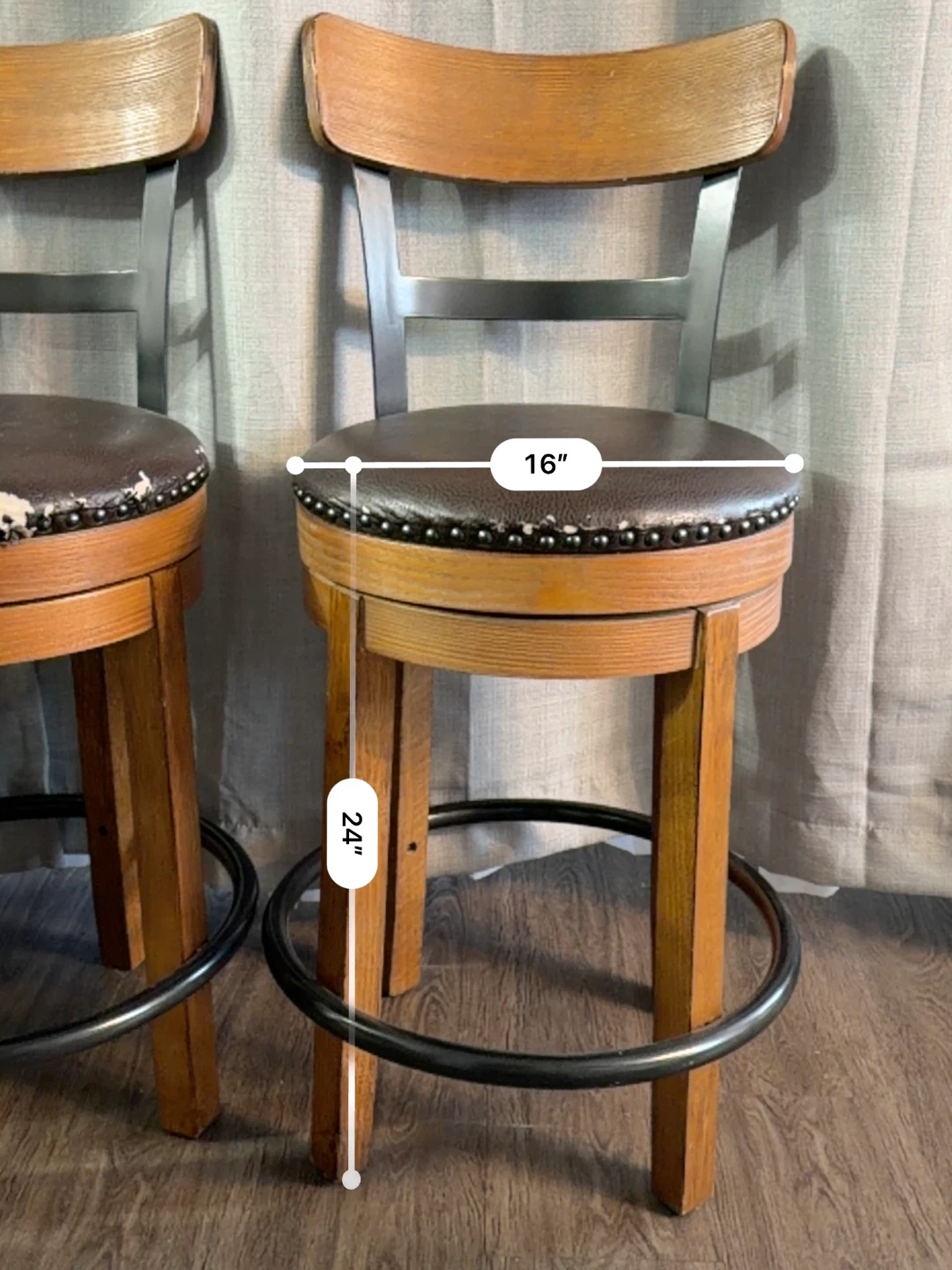Set of 2 Swivel Bar Stools - Wood & Faux Leather - photo 4