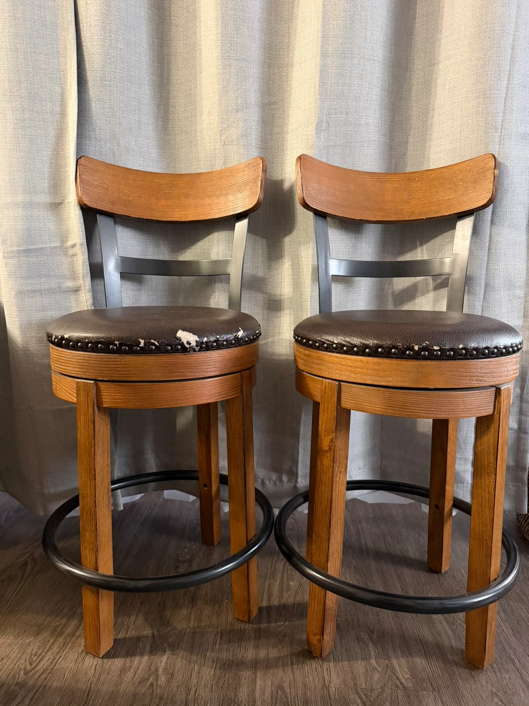 Set of 2 Swivel Bar Stools - Wood & Faux Leather