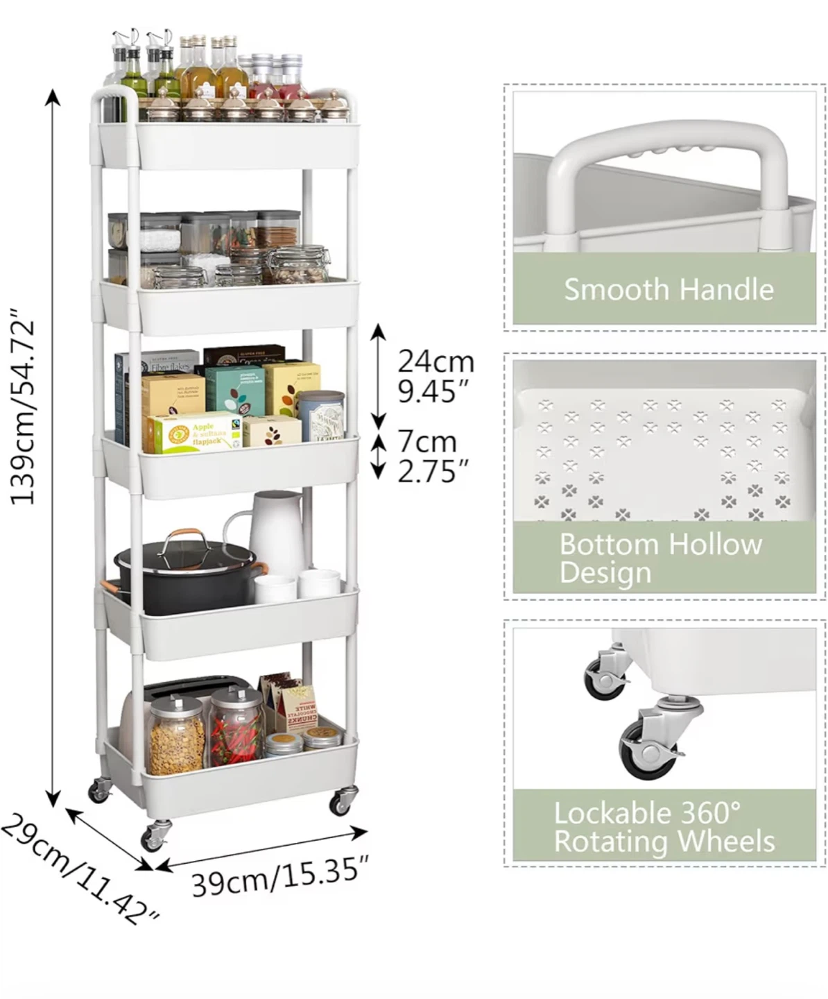 White 5-Tier Rolling Utility Cart - photo 5
