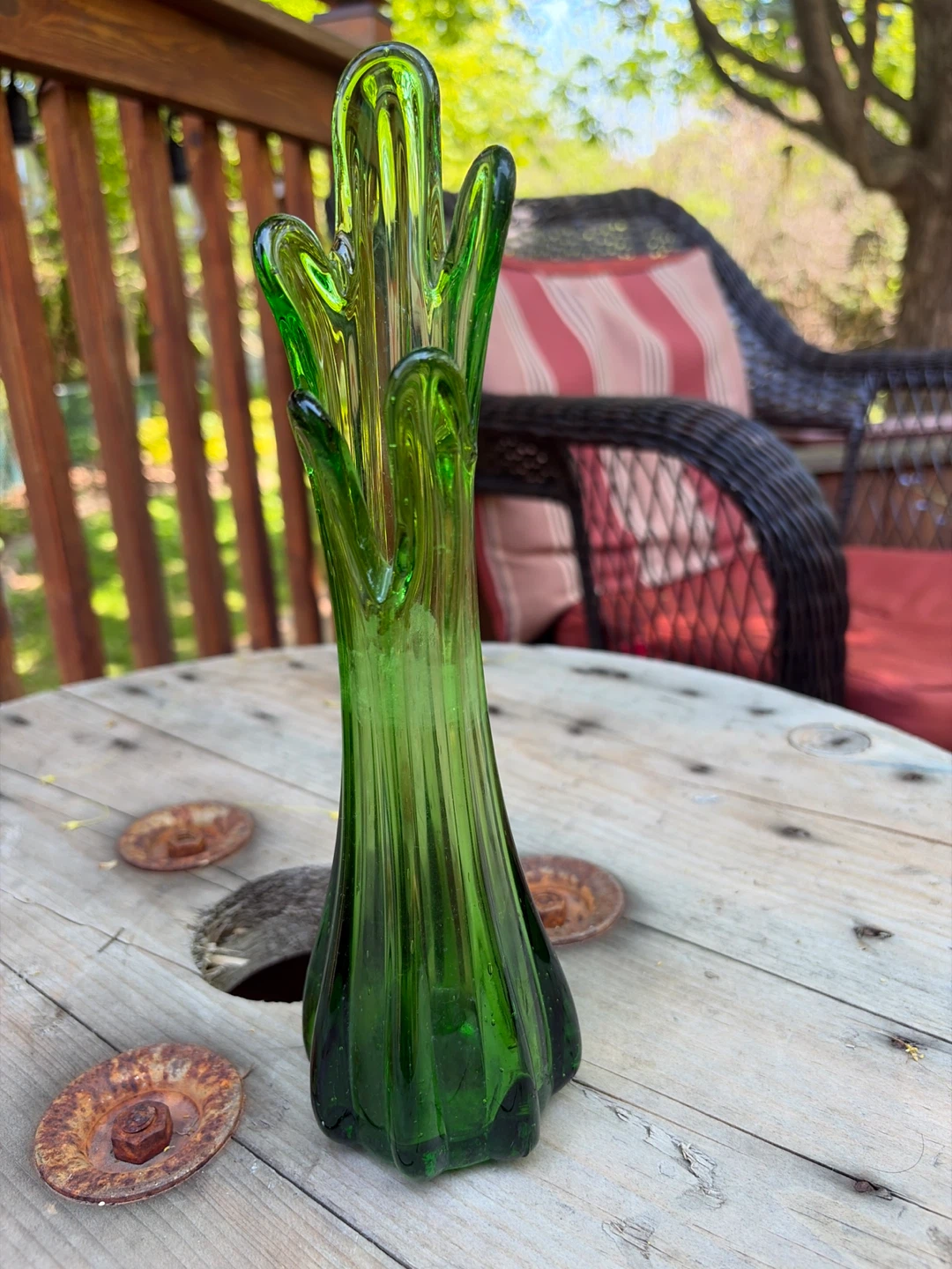 Vintage Five Fingered Emerald Green Glass Vase