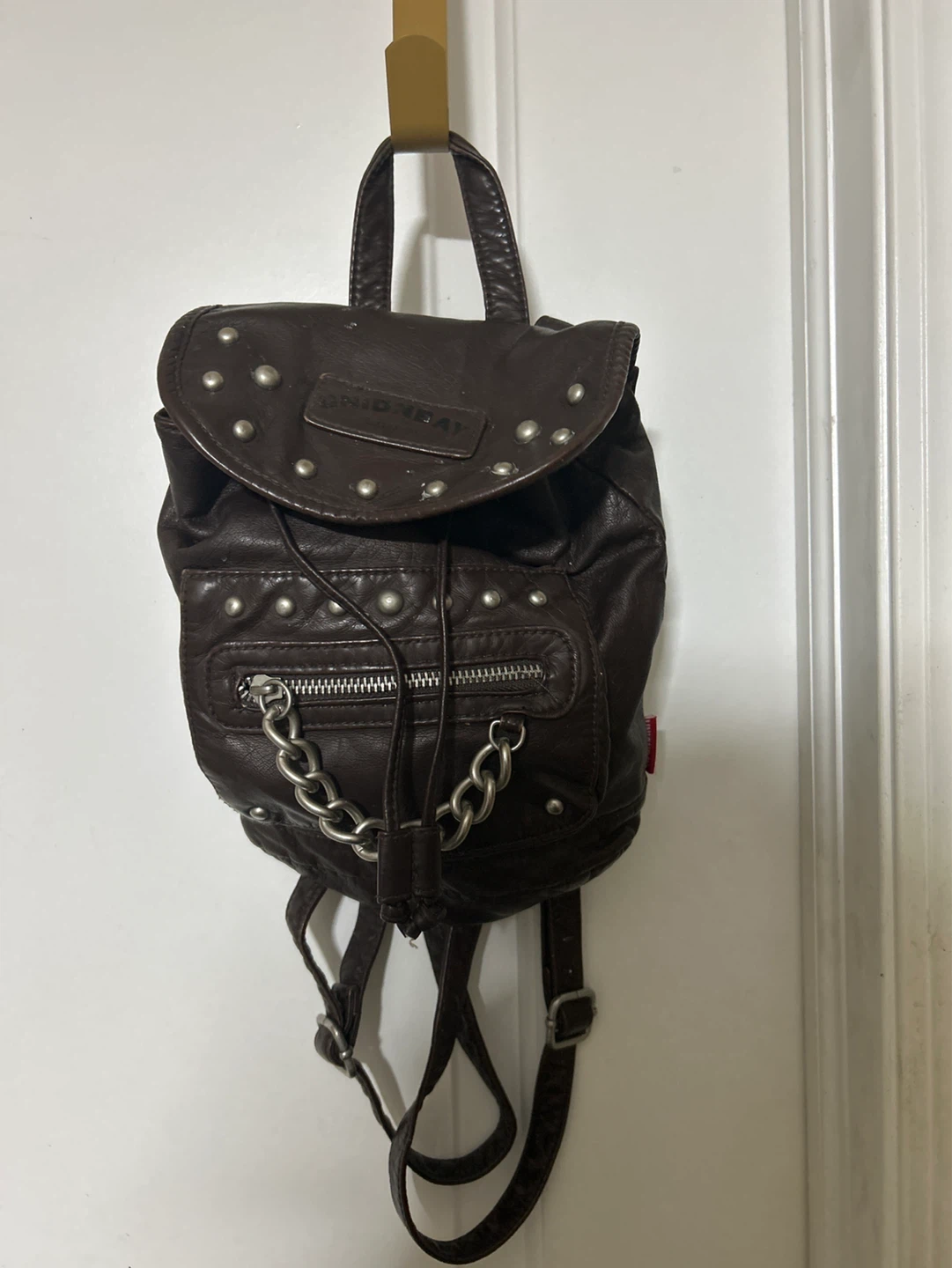 Brown Faux Leather Mini Backpack with Studs and Chain