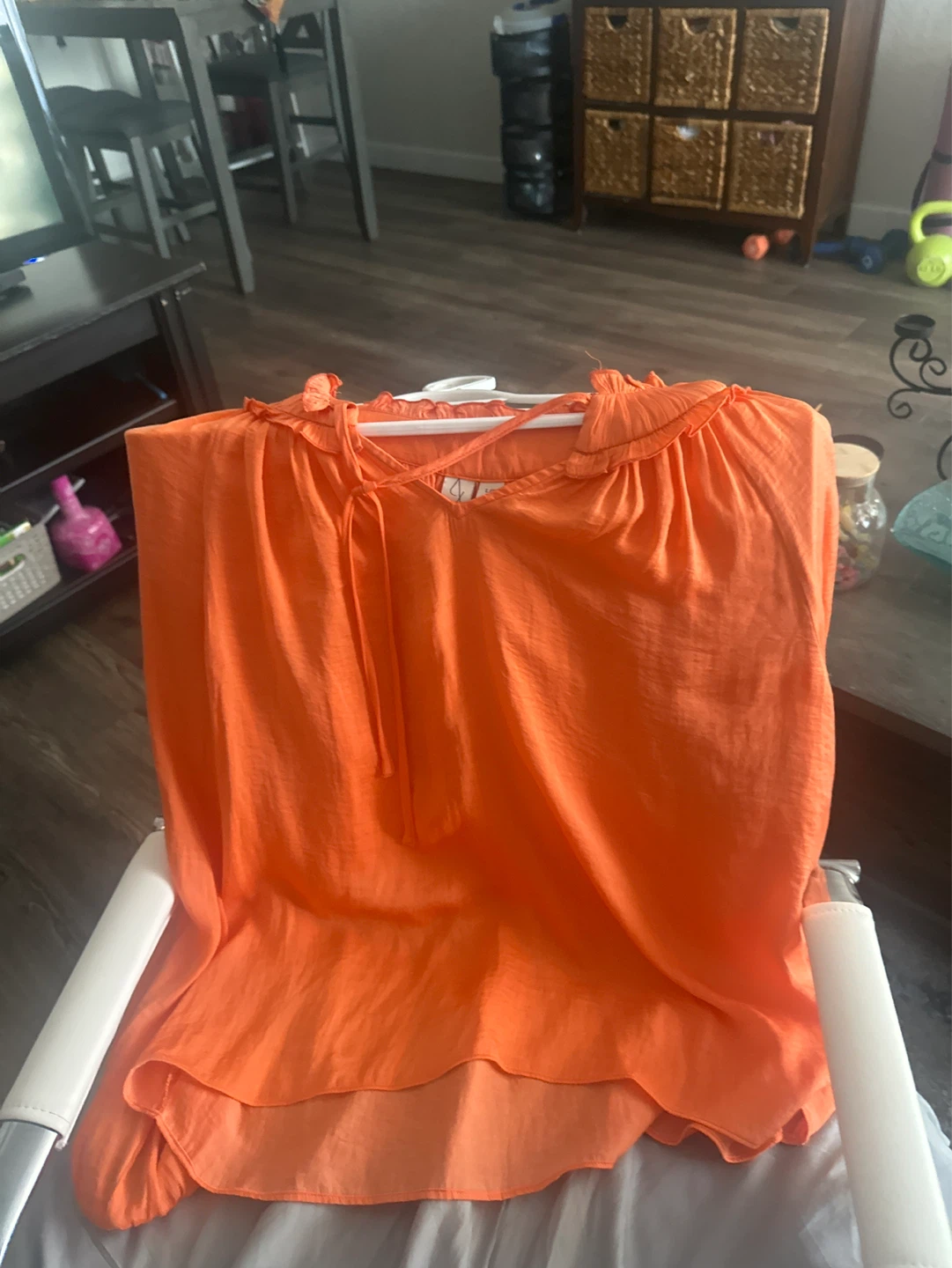 Bright Orange Blouse with Ruffle Neckline