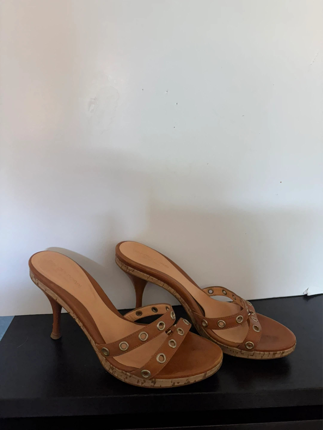 Sergio Rossi Brown Leather Cork Heel Mules - Size 7