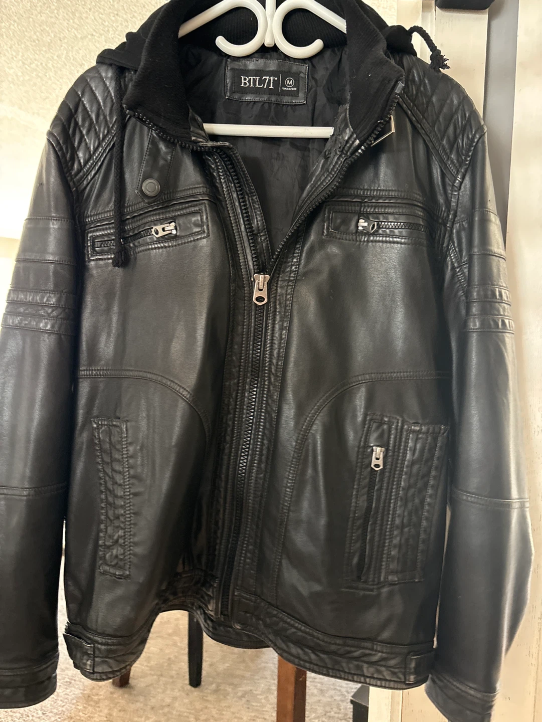 BTL71 Men's Black Faux Leather Hooded Jacket - Size M
