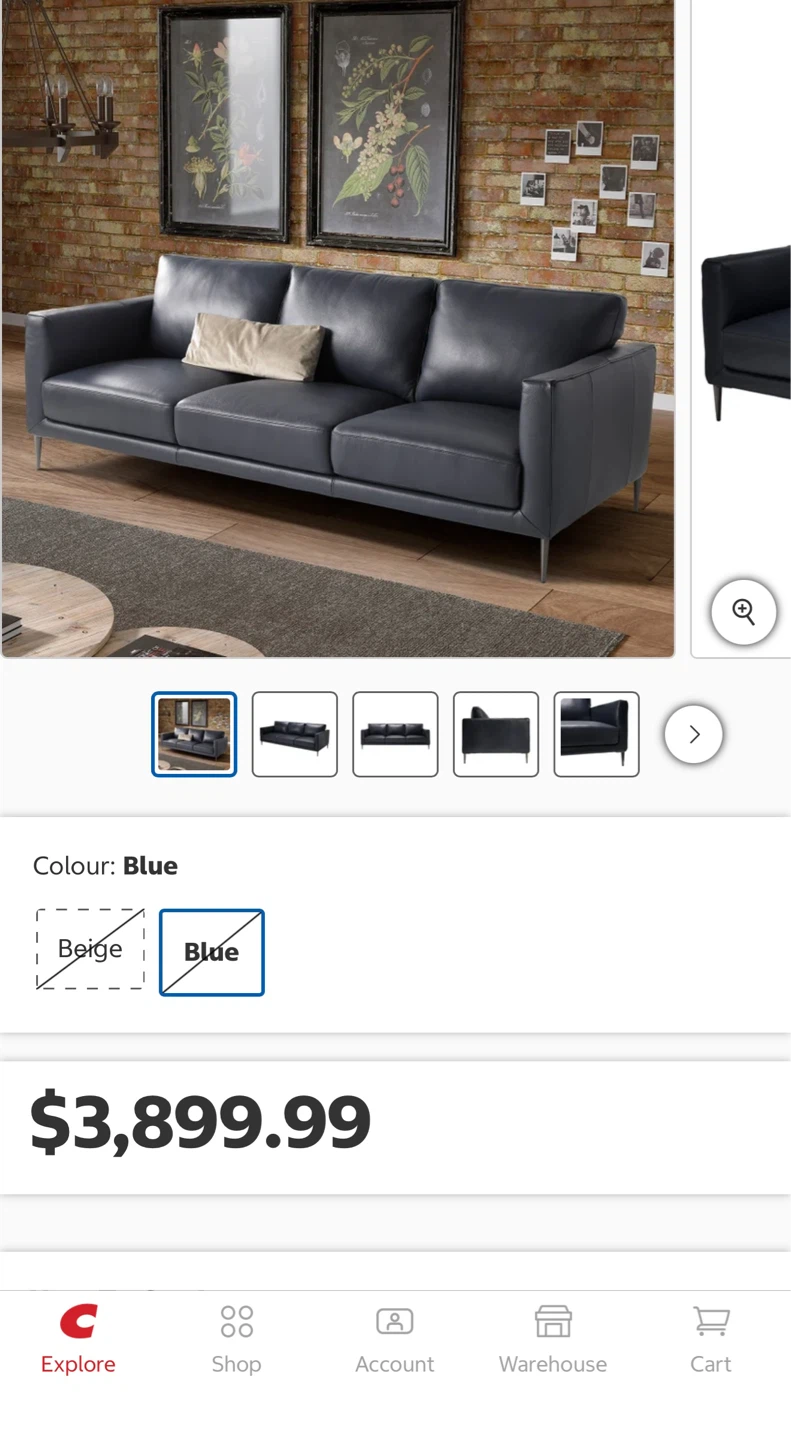 Couch 3 seater dark blue Italian leather - photo 3